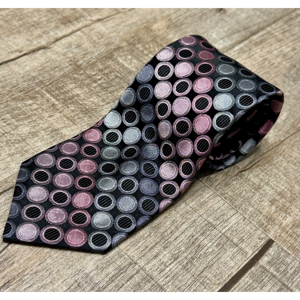 Van Heusen Mens Silk Tie Pink Grey Black Geometric Circles Stain Shield 59 Inch